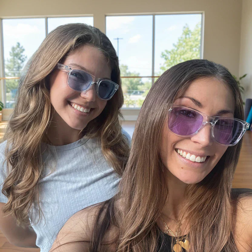 See Happy Glasses tinted lenses worn year-round — breaking seasonal color rules with yellow, blue, and crimson